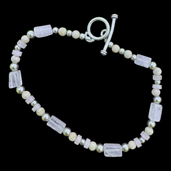 Handcrafted Quartz & Freshwater Pearls Rose Gold Bead Bracelet With Toggle Clasp - Picture 4 of 11